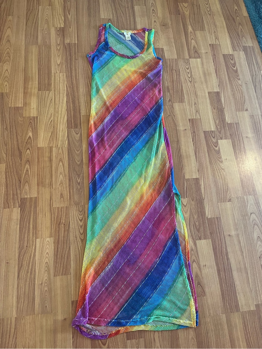 NYC Rainbow Diagonal Stripe Mesh Maxi Dress